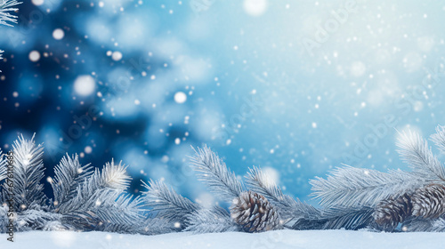 christmas and winter background detail fir tree with ice, snow and Christmas decorations with bokeh of snowflakes © bmf-foto.de