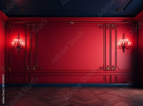 Classic interior red ornate wall with copy space for text for Valentines Day - mockup. Walls with lamps on the sides, ornated mouldings panels, wooden parquet floor and classic cornice. photo