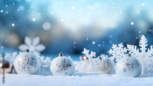 beautiful christmas background with white and silver christmas balls in front of a bokeh of snowflakes © bmf-foto.de