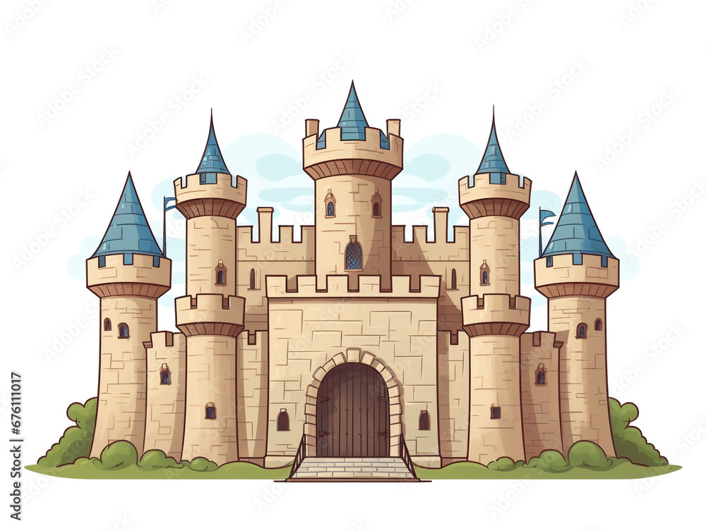 The beautiful ancient castle based on children's illustrations. Surrounded by nature. Isolated on white background. The beautiful ancient castle based on children's illustrations. Surrounded by nature. Isolated on white background.