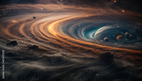 Detailed close-up of the turbulent atmosphere of a gas giant, with swirling storms and bands - AI Generative