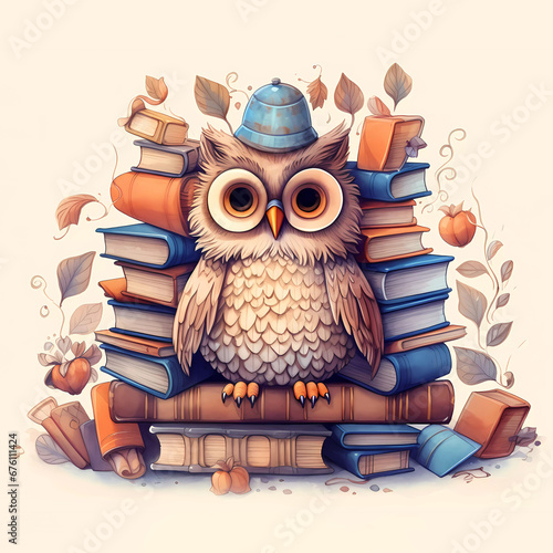 Whimsical owl perched atop a stack of colorful books, surrounded by autumn leaves. Ideal for educational content, book clubs, fall promotions, or cozy storytelling visuals photo