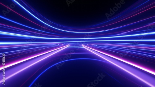 3d render. Abstract background of blue pink teal neon stripes and lasers ascending. wide angle, open space, tech Modern wallpaper