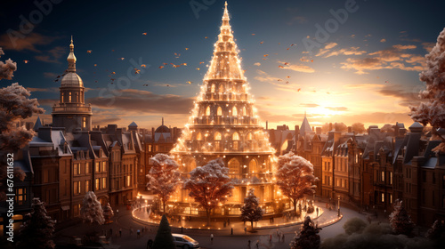 Christmas tree in the centre of a square in a beautiful city futuristic fiction where everyone is happy 