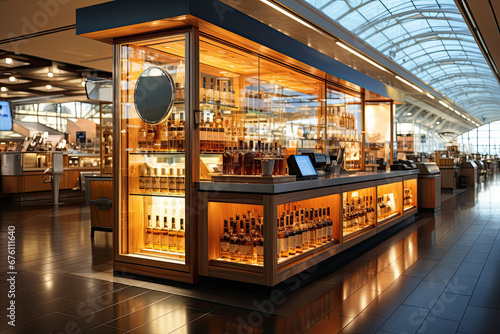 Duty Free Shop in International airport. Duty-free shops are retail outlets that are exempt from the payment of certain local or national taxes and duties.