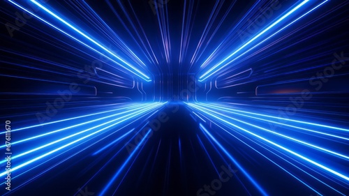 3d render. Abstract background of blue pink teal neon stripes and lasers ascending. wide angle, open space, tech Modern wallpaper