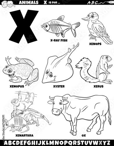 cartoon animal characters for letter X set coloring page