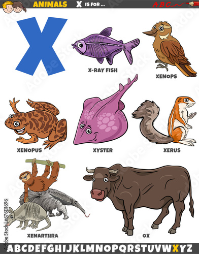 cartoon animal characters for letter X educational set photo