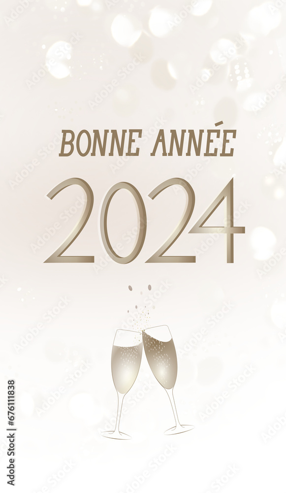 Happy New Year text in French with champagne glasses on pink background with lights. Happy New Year text in French with champagne glasses on pink background with lights.
