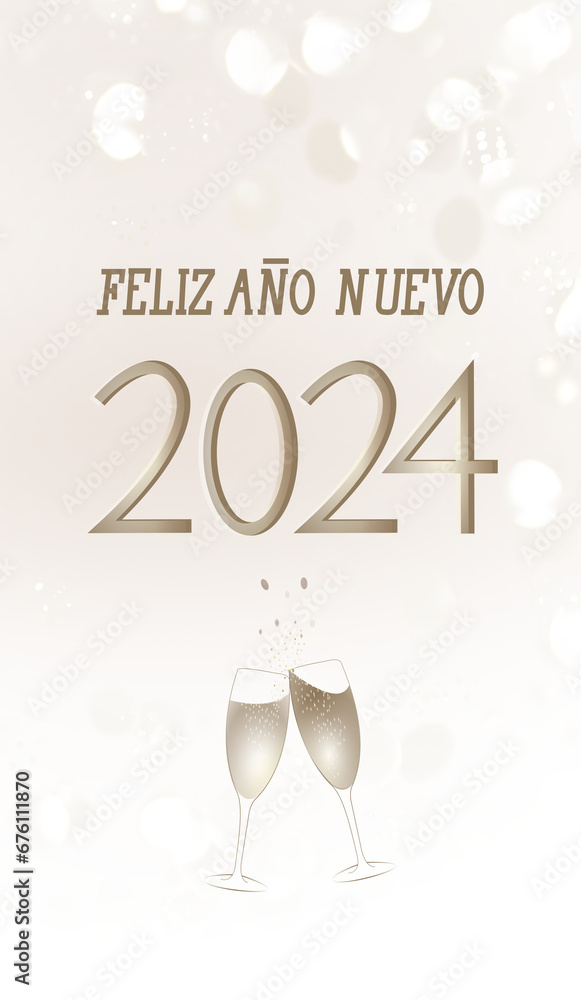 Happy New Year 2024 text in Spanish with champagne glasses and lights in the background.