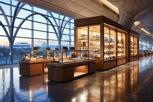 Duty Free Shop in International airport. Duty-free shops are retail outlets that are exempt from the payment of certain local or national taxes and duties.