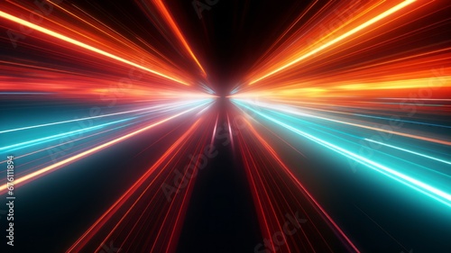 3d render. geometric shapes Abstract background of red orange teal neon wavy stripes and lasers ascending in a large room. wide angle, open space, tech Modern wallpaper