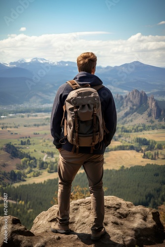 Young man with Backpack Overlooking a Valley from a Mountain Peak. generative AI © yj