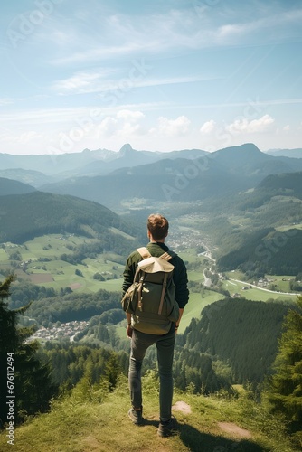 Young man with Backpack Overlooking a Valley from a Mountain Peak. generative AI