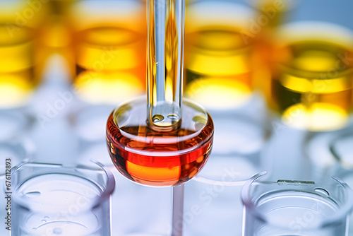 scientist picking up a small amount of colorful hot-tone liquid from a jar in a chemical lab experiment waiting to process a trial in food technology production. photo