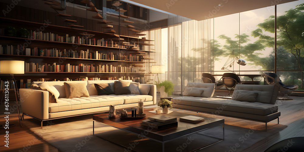 Iinterior with large spaces with windows to the outside and modern furniture white armchairs with a bookcase, A living room with a large window and a couch with a white cushion
Iinterior with large spaces with windows to the outside and modern furniture white armchairs with a bookcase, A living room with a large window and a couch with a white cushion