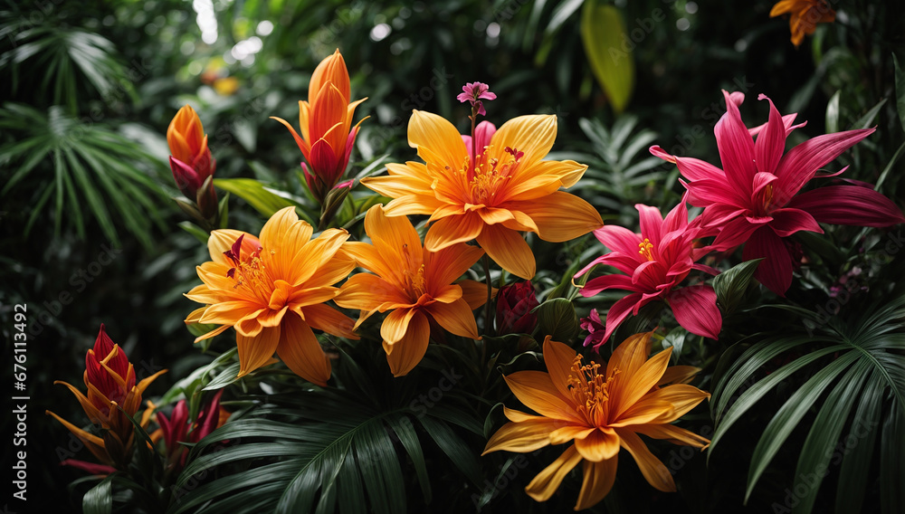 Exotic jungle flowers in a variety of shapes, sizes, and vibrant colors - AI Generative Exotic jungle flowers in a variety of shapes, sizes, and vibrant colors - AI Generative