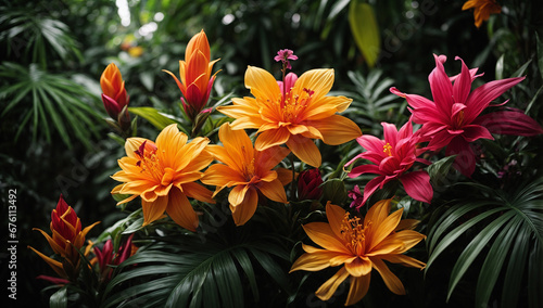 Exotic jungle flowers in a variety of shapes  sizes  and vibrant colors - AI Generative