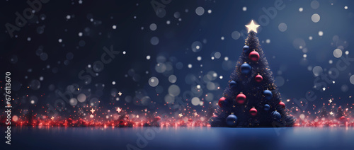 Twinkling Festive Elegance: Christmas Tree with Glistening Baubles and Soft Shiny Lights Background