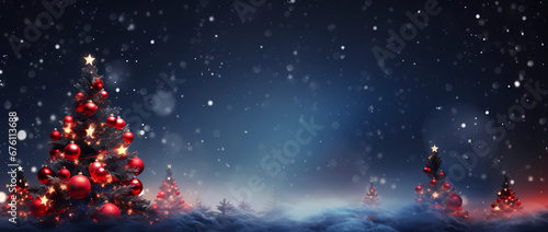 Twinkling Festive Elegance: Christmas Tree with Glistening Baubles and Soft Shiny Lights Background © mixedbyclaudio