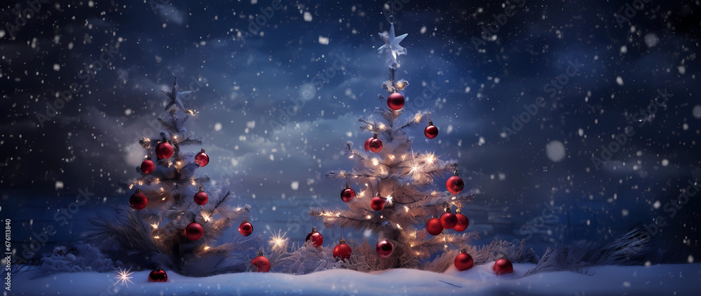 Naklejka premium Twinkling Festive Elegance: Christmas Tree with Glistening Baubles and Soft Shiny Lights Background