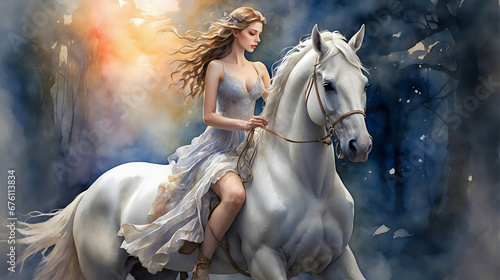 Watercolor of a beautiful white stallion elegantly ridden through a lush forest, a scene of serene grace.