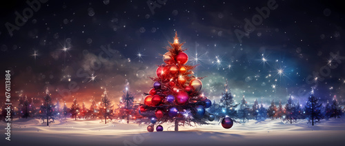 Twinkling Festive Elegance: Christmas Tree with Glistening Baubles and Soft Shiny Lights Background