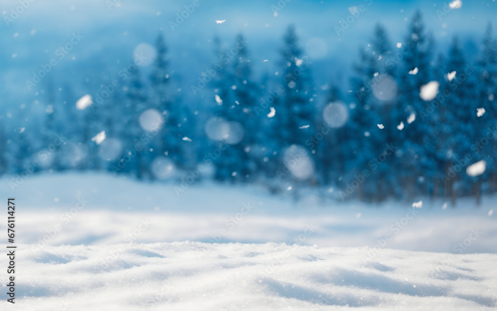 Outside scenery with blurred forest and snowflakes. Winter holidays idea. Christmas and New Year celebration concept. With copy space. Outside scenery with blurred forest and snowflakes. Winter holidays idea. Christmas and New Year celebration concept. With copy space.