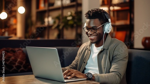young African American man wearing glasses, jacket and headset siting in sofa using his laptop on wooden table, businessman working on laptop in living room.