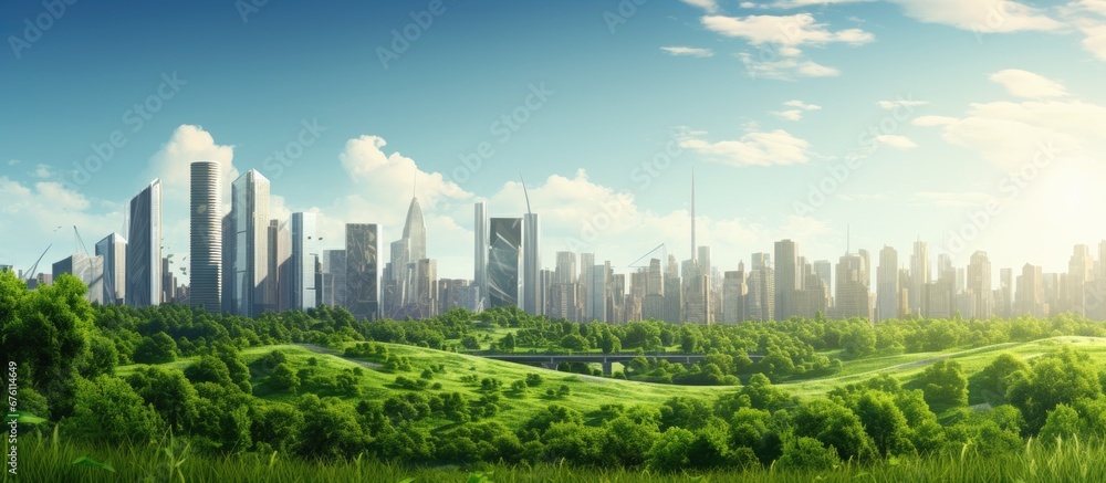The background of the city was surrounded by a lush forest with green trees and leaves rustling in the light of the sun creating a soothing and natural environment that blended seamlessly w The background of the city was surrounded by a lush forest with green trees and leaves rustling in the light of the sun creating a soothing and natural environment that blended seamlessly w