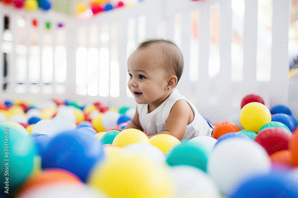 Obraz premium Colorful Fun: A Baby's Playtime Adventure in a Vibrant Ball Pit