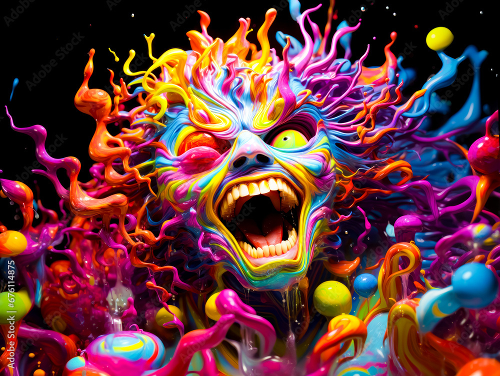 Colorful creature with its mouth open surrounded by balls and streamers of paint.