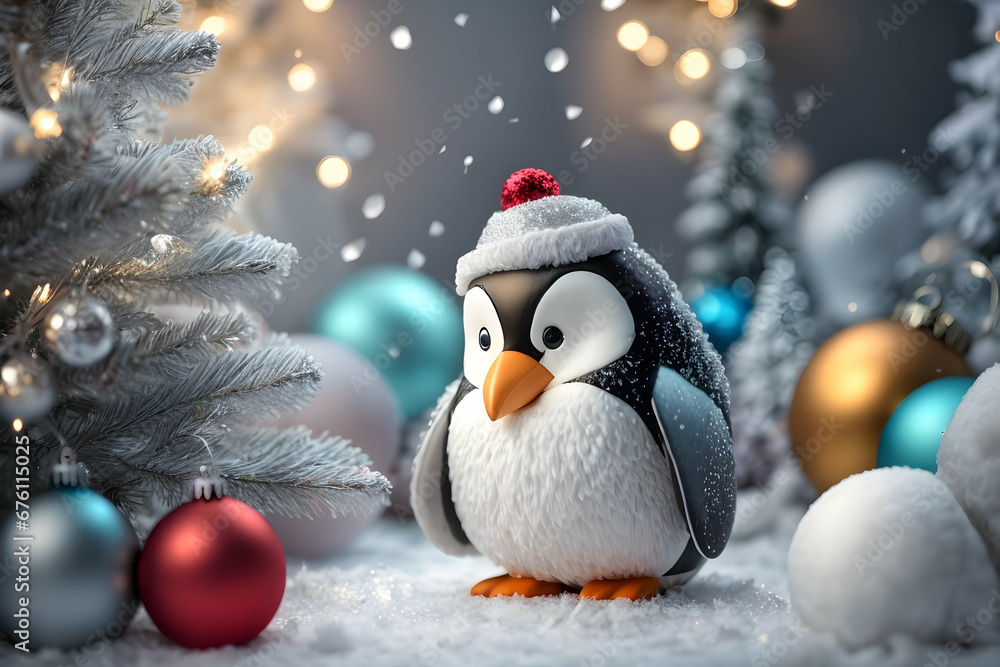 Obraz premium Realistic 3d decorative toy figurine of a little cute penguin in Christmas decorations. Christmas winter holiday composition. Generative AI.