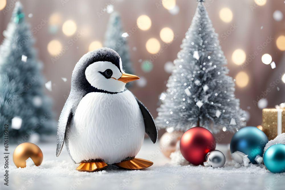 Realistic 3d decorative toy figurine of a little cute penguin in Christmas decorations. Christmas winter holiday composition. Generative AI. Realistic 3d decorative toy figurine of a little cute penguin in Christmas decorations. Christmas winter holiday composition. Generative AI.