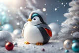 Realistic 3d decorative toy figurine of a little cute penguin in Christmas decorations. Christmas winter holiday composition. Generative AI.