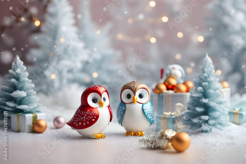 Realistic 3d decorative toy figurine of a little cute owlet in Christmas decorations. Christmas winter holiday composition. Generative AI.