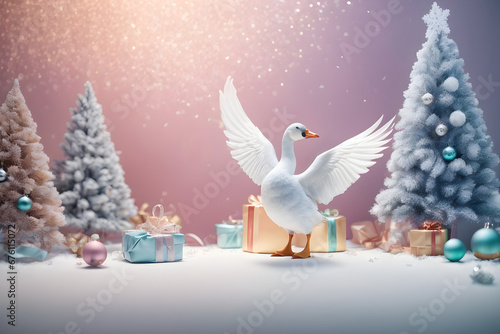 Realistic 3d decorative cute goose in Christmas decorations. Christmas winter holiday composition. Generative AI. photo