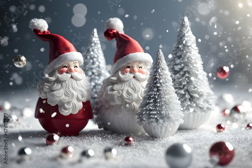Realistic 3d decorative toy figurine of a little cute Santa Claus in Christmas decorations. Christmas winter holiday composition. Generative AI. © nutalina