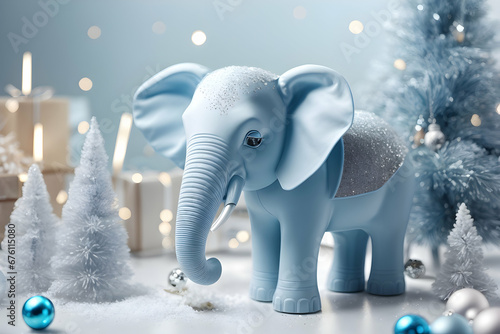 Realistic 3d decorative toy figurine of a little cute elephant in Christmas decorations. Christmas winter holiday composition. Generative AI.