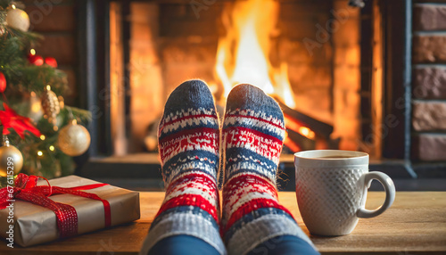 Feet in wool socks by the Christmas fireplace - Woman relaxes by warm fire with candles with a cup of hot chocolate - cozy xmas winter night  photo