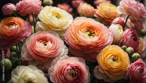 Exquisite and delicate ranunculus  with their layers of tightly packed petals in various colors - AI Generative