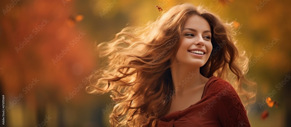 Naklejka premium The background of the stunning landscape in the park accentuated the beauty of the woman with flowing hair as she smiled radiating happiness and captivating the people around her making her
