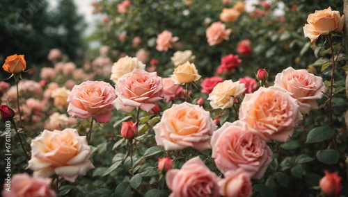 Exquisite and delicate rose garden  with a variety of fragrant blooms in different colors - AI Generative