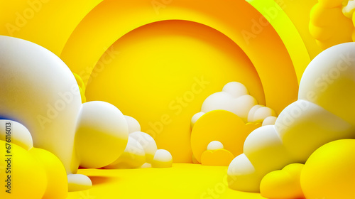 Yellow background with white clouds and yellow sun in the distance with white bird in the foreground.