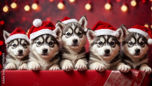 Cute puppies husky wearing Santa Claus red hat sit in the red gift box. Merry Christmas and Happy New Year decoration around.