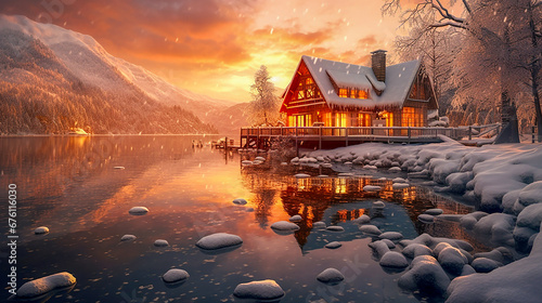 Cozy wooden house in the forest by the lake in the snowy Alps, Generative AI illustration © Christian Rabenstein