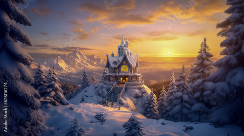 Cozy wooden house in snowy forest at sunset, Generative AI illustration, Generative AI illustration