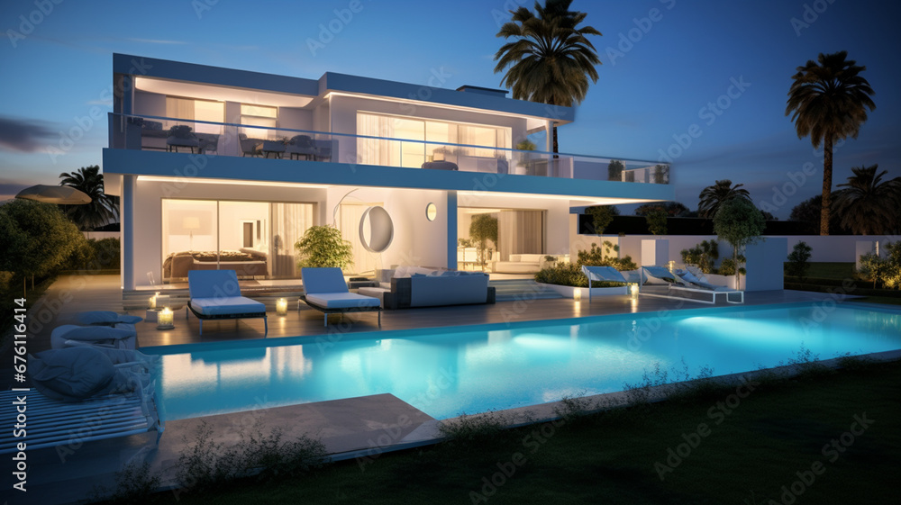 3d rendering of modern cozy house with pool and parking for sale or rent in luxurious style by the sea or ocean. Clear summer evening with cozy light from window. Clear blue sky background
generativa 