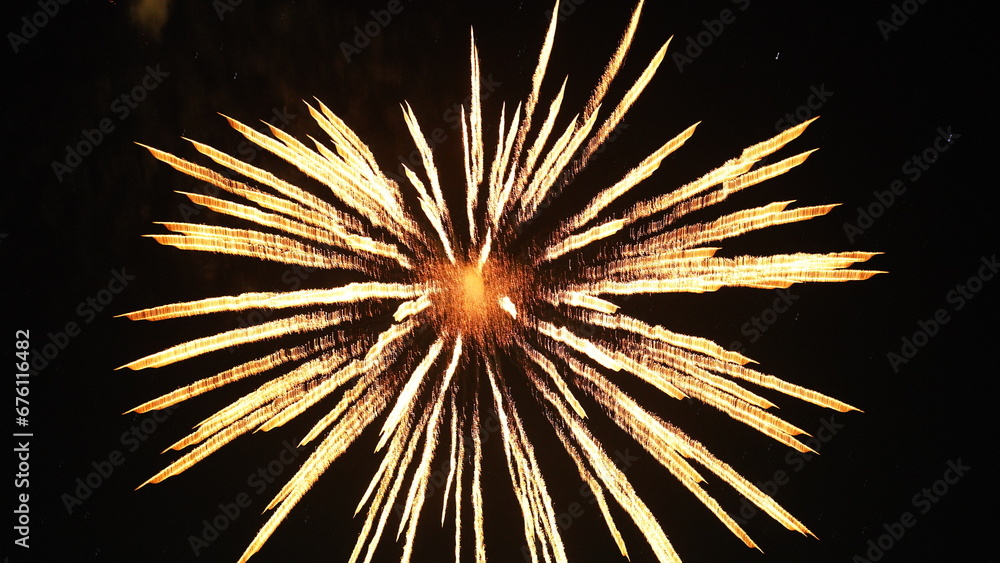 Obraz premium The beautiful fireworks show for celebrating the Chinese traditional spring festival in the countryside village