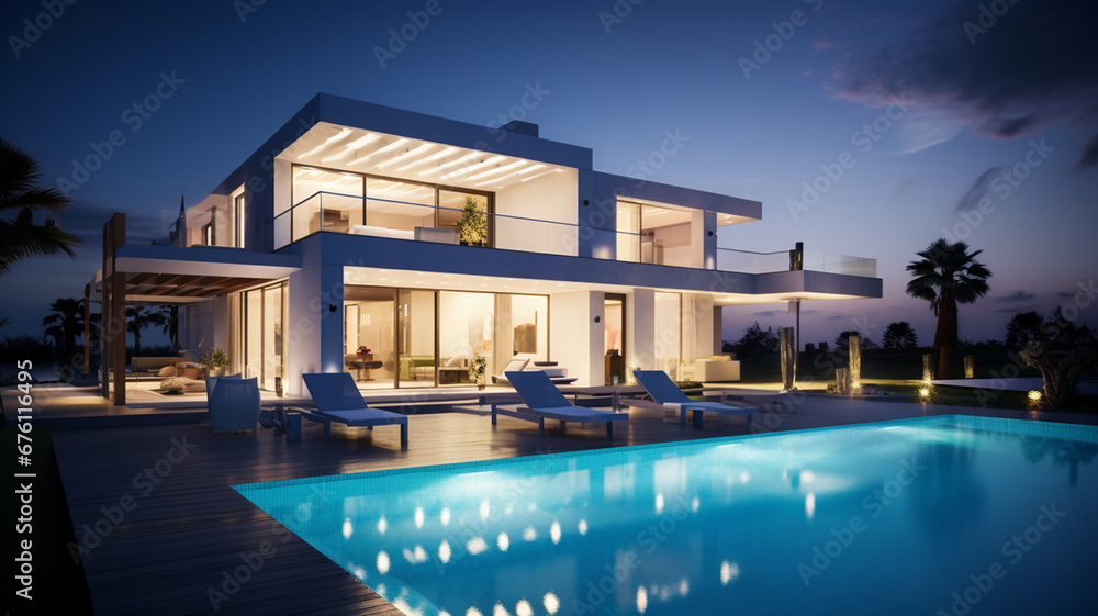 3d rendering of modern cozy house with pool and parking for sale or rent in luxurious style by the sea or ocean at night. Clear summer evening with soft light from window. generativa IA - obrazy, fototapety, plakaty 